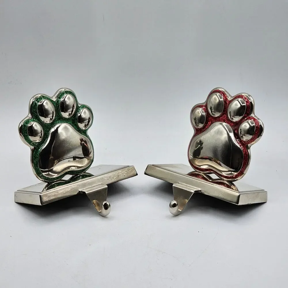 Set of 2 Silver Metal Paw Print Stocking Holder Sparkly Red and Green Christmas